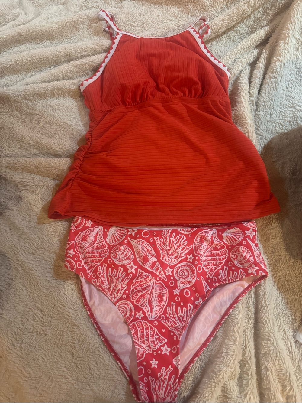 Red Two-Piece Swim Set with Shell Print High-Waist Bottoms